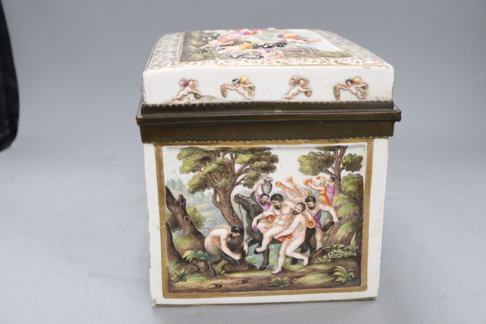 An Italian pottery casket, probably Naples, relief moulded and painted with scenes of revelry and the Rapture, c.1860, height 17cm widt